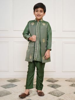Vastramay - Boys Green Tissue Embroidered Kurta and Jacket with Pyjama (Set of 3)