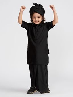 Vastramay - Boys Black Viscose Solid Kurta and Lungi with Safa (Set of 3)