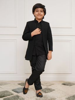 Vastramay - Boys Black Self Design Sherwani and Kurta with Pyjama (Set of 3)