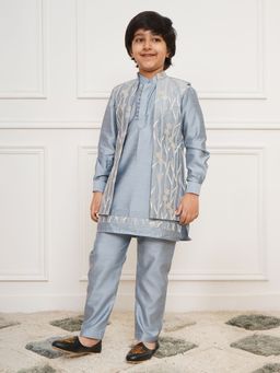 Vastramay - Boys Aqua Silk Embellished Kurta and Jacket with Pyjama (Set of 3)