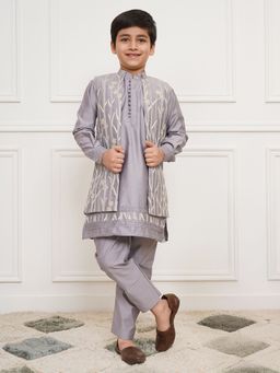 Vastramay - Boys Purple Silk Embellished Kurta and Jacket with Pyjama (Set of 3)