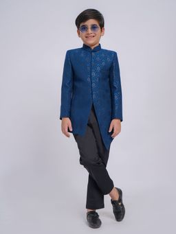 Vastramay - Boys Turquoise Silk Woven Sherwani with Pyjama (Set of 2)
