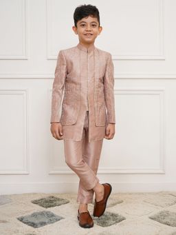 Vastramay - Boys Rose Gold Silk Embellished Sherwani with Pyjama (Set of 2)