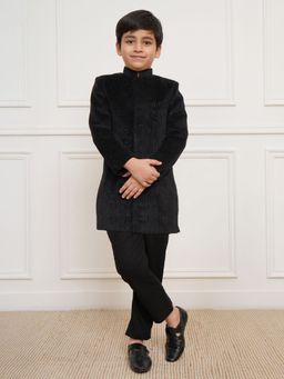 Vastramay - Boys Black Velvet Embellished Sherwani with Pyjama (Set of 2)