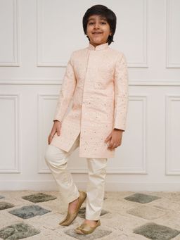 Vastramay - Boys Peach Silk Embellished Sherwani with Pyjama (Set of 2)