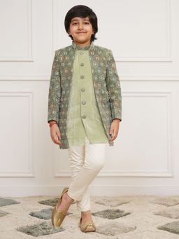 Vastramay - Boys Green Velvet Embellished Sherwani and Kurta with Pyjama (Set of 3)