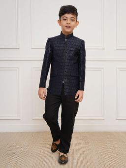 Vastramay - Boys Navy Blue Silk Self Design Jodhpuri Jacket with Pant (Set of 2)