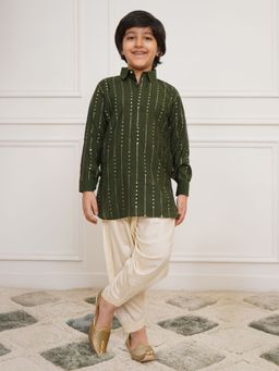 Vastramay - Boys Green Silk Embellished Kurta with Patiala (Set of 2)