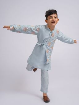 Vastramay - Boys Aqua Silk Embroidered Kurta with Pyjama (Set of 2)