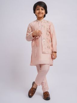 Vastramay - Boys Peach Silk Embroidered Kurta with Pyjama (Set of 2)