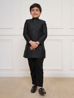 Vastramay - Boys Black Silk Self Design Sherwani with Pyjama (Set of 2)