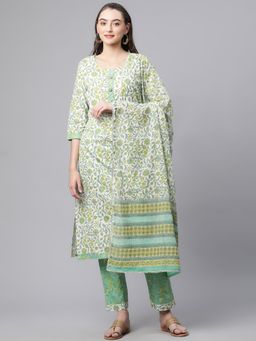 Divena - Green Cotton Straight Kurta Pant with Dupatta (Set of 3)