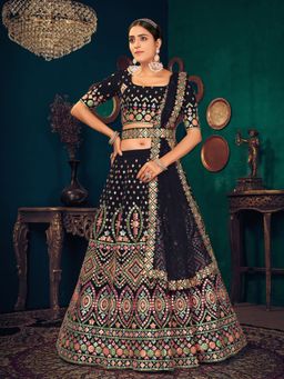 Odette - Festive Designer Navy Blue Semi Stitched Lehenga With Unstitched Blouse (Set of 3)