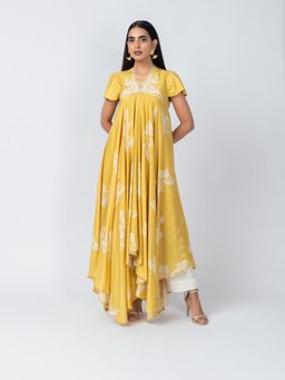 LABEL NAARITI - Noor Floral Embroidered Yellow Anarkali Kurta with Pant (Set of 2)