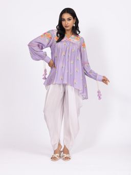 LABEL NAARITI - Zoya Floral Printed Muslin Top with Lilac Crepe Dhoti (Set of 2)