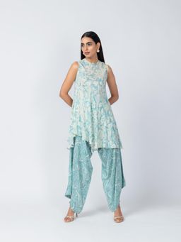 LABEL NAARITI - Indus Ice-Blue Floral Tunic & Textured Crepe Pant (Set of 2)