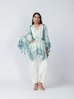 LABEL NAARITI - Sara Green Flared Sleeves Top with Ivory Crape Tulip Pant (Set of 2)