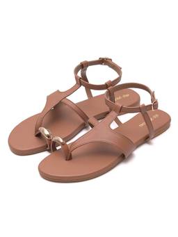 Dip Your Toes - Brown Sand Toe Ring Ankle Strap Flats