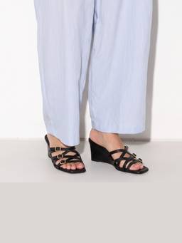 Dip Your Toes - Black Metal Detail Multi-Strap Wedge Heels
