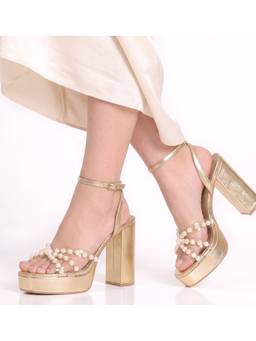 Dip Your Toes - Gold Pearl Platform Sandal Heels
