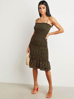 Styli - Black Strappy Bodycon Midi Dress With Ruffle Hem