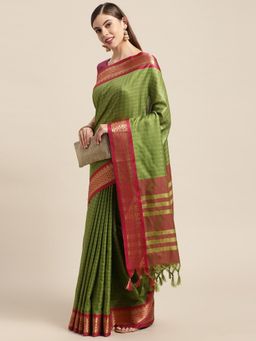 Vastranand - Green Checked Zari Pure Silk Gadwal Saree with Unstitched Blouse