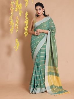 CHARUKRITI - Green Cotton Handwoven Striped Designs Saree with Unstitched Blouse