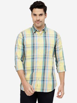 JadeBlue - Men's Yellow 100% Cotton Slim Fit Checked Semi Casual Shirt