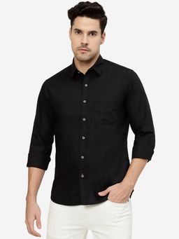 Greenfibre - Men's Black 100% Cotton Slim Fit Solid Semi Casual Shirt