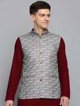SHOWOFF - Mens Printed Green Ethnic Nehru Jacket
