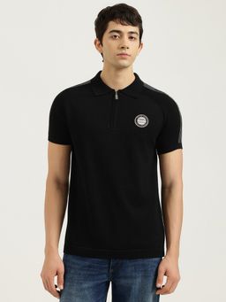 United Colors of Benetton - Black Regular Fit Solid Branded Tape Jersey Polo T-Shirt