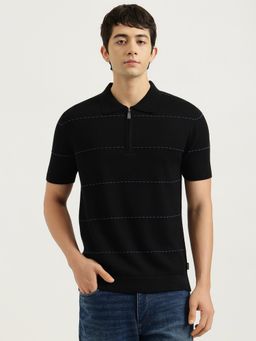 United Colors of Benetton - Black Regular Fit Striped Running Stitch Jacquard Polo T-Shirt