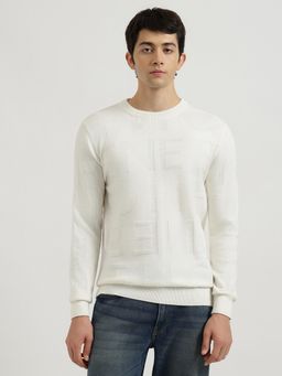 United Colors of Benetton - Off White Regular Fit Crew Neck Textured Jacquard Lettering Sweater