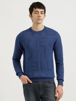 United Colors of Benetton - Blue Regular Fit Crew Neck Textured Jacquard Lettering Sweater