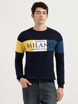 United Colors of Benetton - Navy Blue Regular Fit Crew Neck Colour Block Milano Sweater