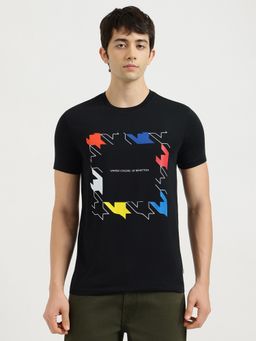 United Colors of Benetton - Black Regular Fit Crew Neck Houndstooth Jersey T-Shirt