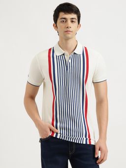 United Colors of Benetton - Off White Striped Vertical Placket Placement Polo T-Shirt
