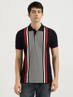 United Colors of Benetton - Black Regular Fit Striped Vertical Placket Placement Polo T-Shirt