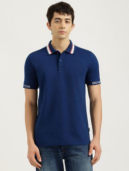 United Colors of Benetton - Blue Relaxed Fit Solid Waffle Tipping Polo T-Shirt