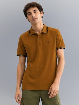United Colors of Benetton - Brown Relaxed Fit Solid Tri Blend Gold Tipping Pique Polo T-Shirt