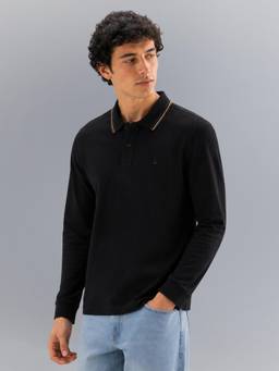 United Colors of Benetton - Black Relaxed Fit Solid Tri Blend Gold Tipping Pique Polo T-Shirt