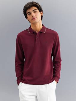 United Colors of Benetton - Maroon Relaxed Fit Solid Tri Blend Gold Tipping Pique Polo T-Shirt
