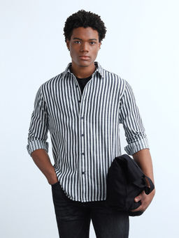 Flying Machine - Navy Blue Vertical Striped Regular Fit Shirt