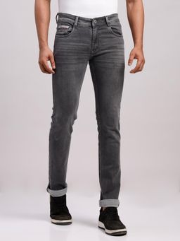 Classic Polo - Grey Classic Dark Grey Slim Fit Solid Cotton Denim Jeans