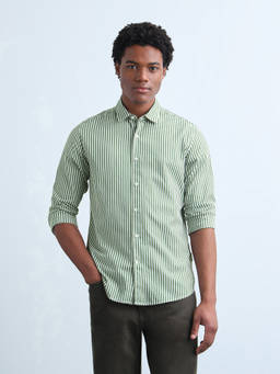 Flying Machine - Green Vertical Striped Regular Fit Shirt