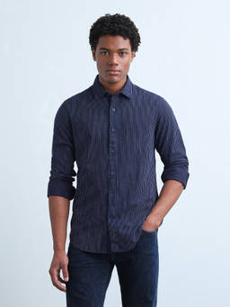 Flying Machine - Navy Blue Vertical Striped Twill Shirt