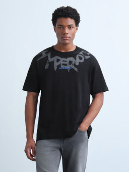 Flying Machine - Black Typographic Printed Relaxed Fit T-Shirt