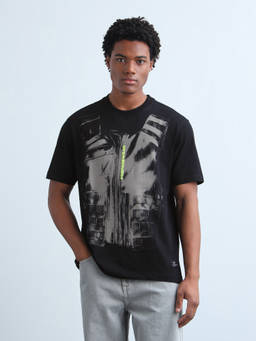 Flying Machine - Black Graphic Printed Relaxed Fit T-Shirt