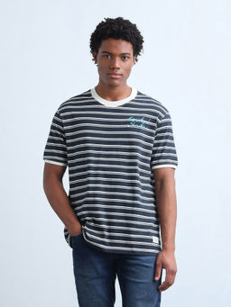 Flying Machine - Navy Blue Horizontal Striped Relaxed Fit T-Shirt