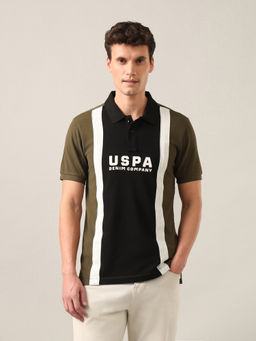 U.S. Polo Assn. Denim Co. - Green Colour Blocked with Brand Printed Slim Fit Polo T-Shirt